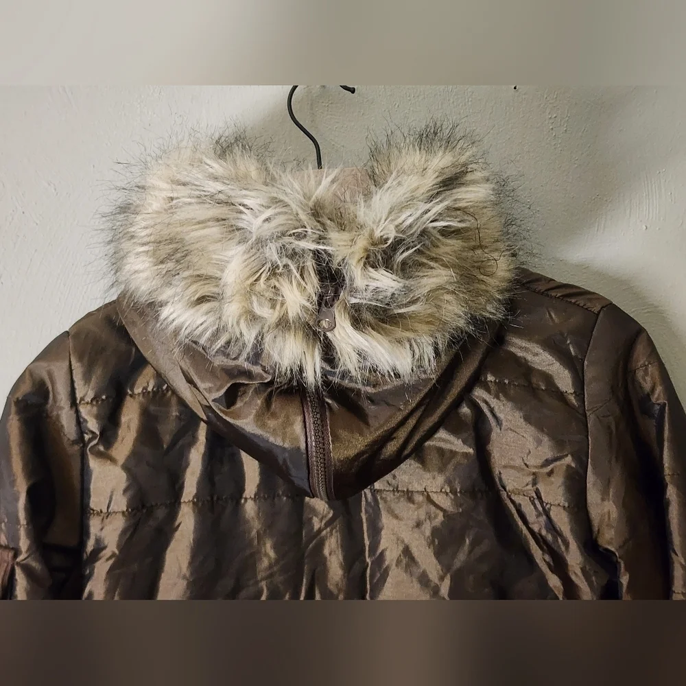 Tulle Anthropologie Brown Button Front Furry Hood Women's Puffer Coat Parka Smal - Picture 12 of 12